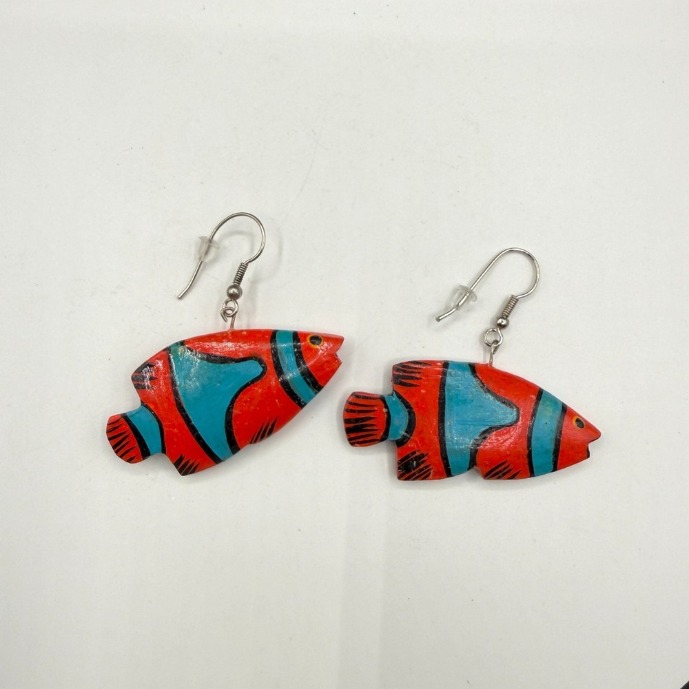 Hand Painted Wooden Fish Earrings Red Turquoise Tone Blue Coastal Dangle Pair